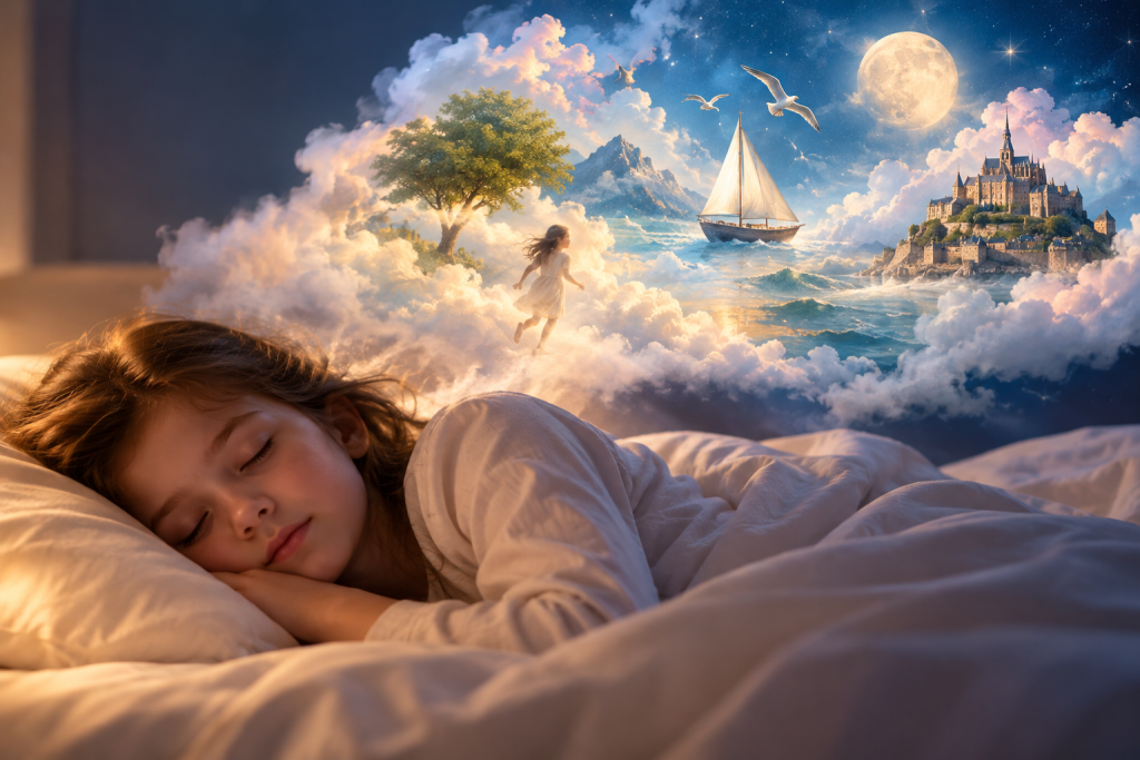 Mécanismes du rêve et vie psychique Enfant endormie rêvant d’un monde imaginaire, illustration des mécanismes du rêve.