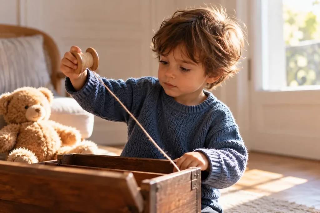 Enfant jouant à la bobine, illustration de l’espace transitionnel et de l’élaboration émotionnelle.