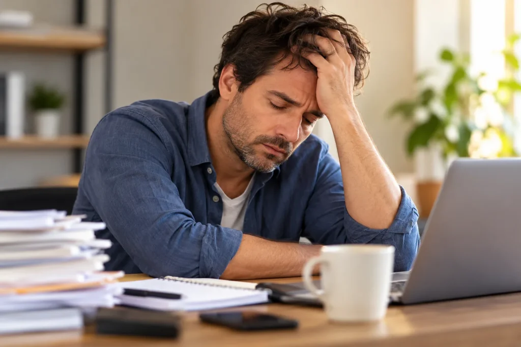 Homme épuisé au travail, illustrant les symptômes du burn-out