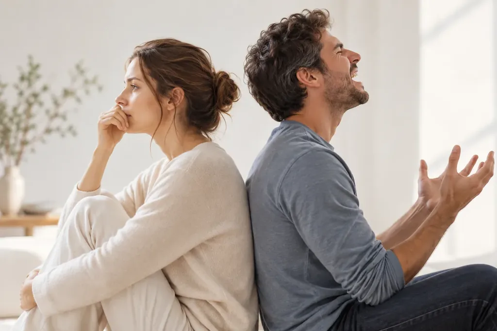 Gérer ses émotions ou les exprimer une femme qui se tait dos à dos avec un homme qui exprime sa colere