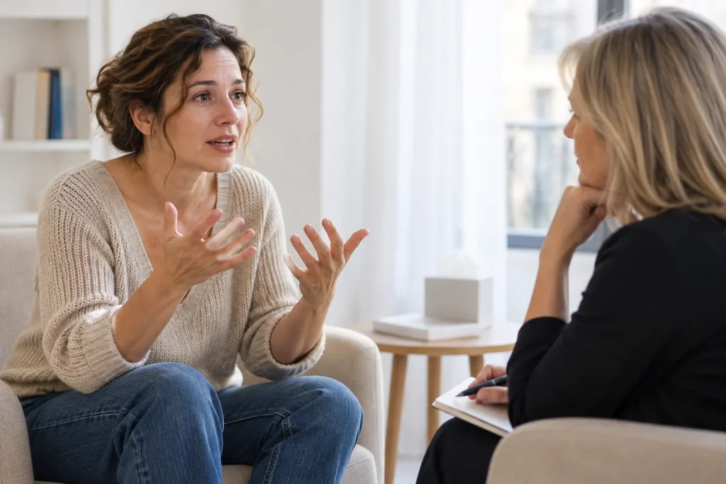 Une femme échange avec une thérapeute et exprime ce qu’elle ressent dans un espace d’écoute et de parole.